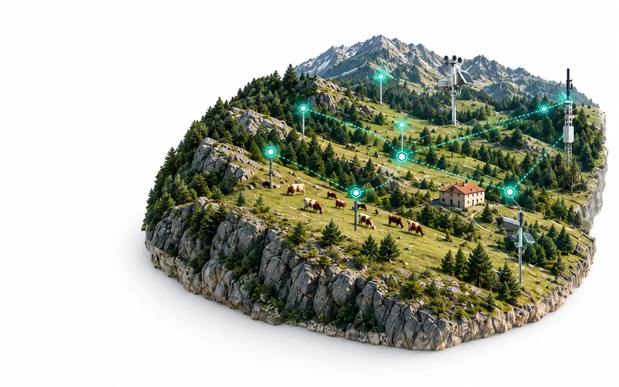 Ilustración conceptual de un relieve de montaña con sensores conectados, ganado en pasto y lecturas de suelo, clima y agua.
