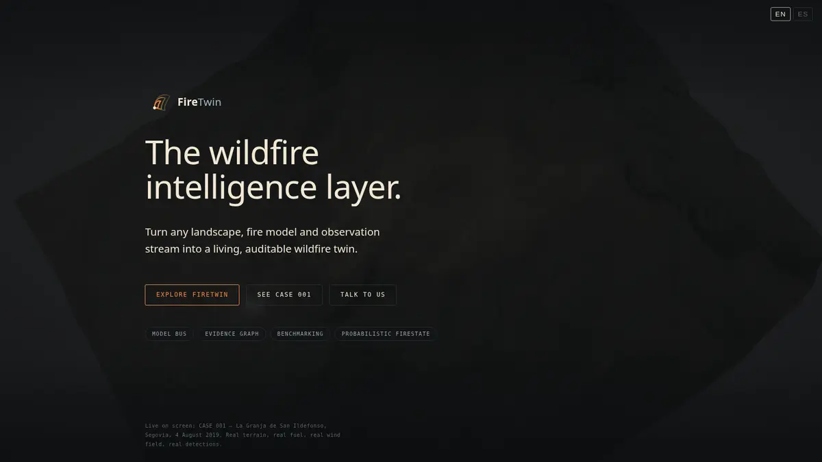 Pantalla de FireTwin con el titular «The wildfire intelligence layer».