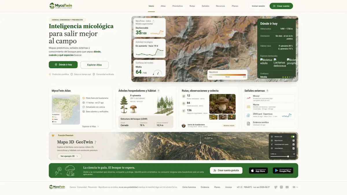 Atlas de MycoTwin con mapas de hábitat, índice micológico y especies del bosque.