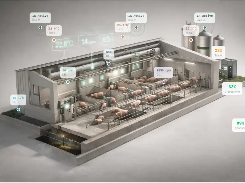 Gemelo digital de una nave porcina con lecturas de temperatura, amoniaco y CO2 sobre los corrales.
